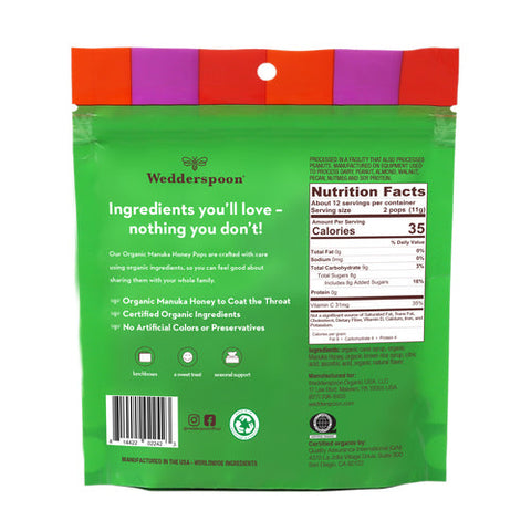 Wedderspoon, Organic Manuka Honey Pops For Kids, 24 ct, 4.15 Oz Wedderspoon